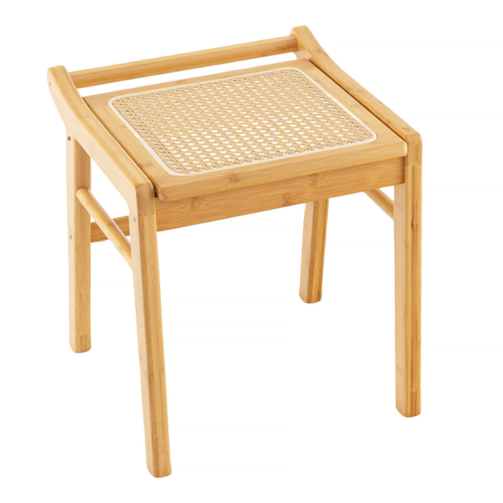 Bamboo vanity stool with rattan top and reinforcement bar, ideal for narrow spaces and multifunctional use.