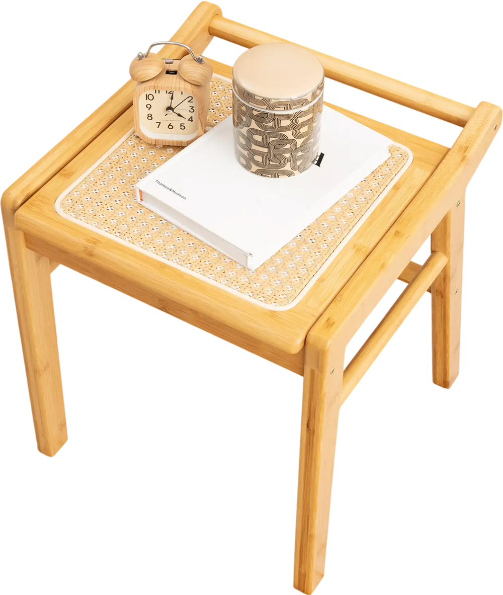 Bamboo vanity stool with faux rattan top, featuring side reinforcement bars, ideal for narrow spaces and.