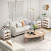 Modern end table with rattan drawers, white finish, and ample storage, perfect for home decor and easy maintenance.