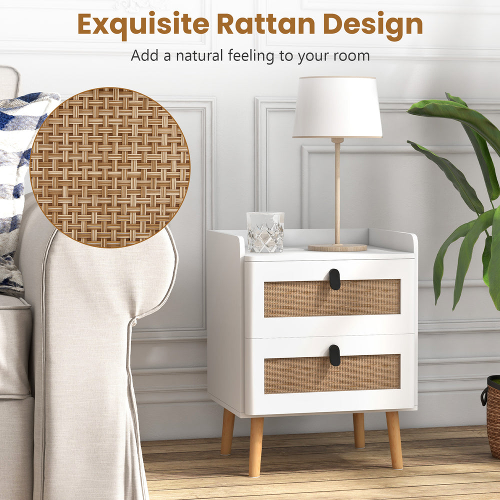 Modern end table featuring two rattan-decorated drawers and a white finish, perfect for adding natural elegance to your.