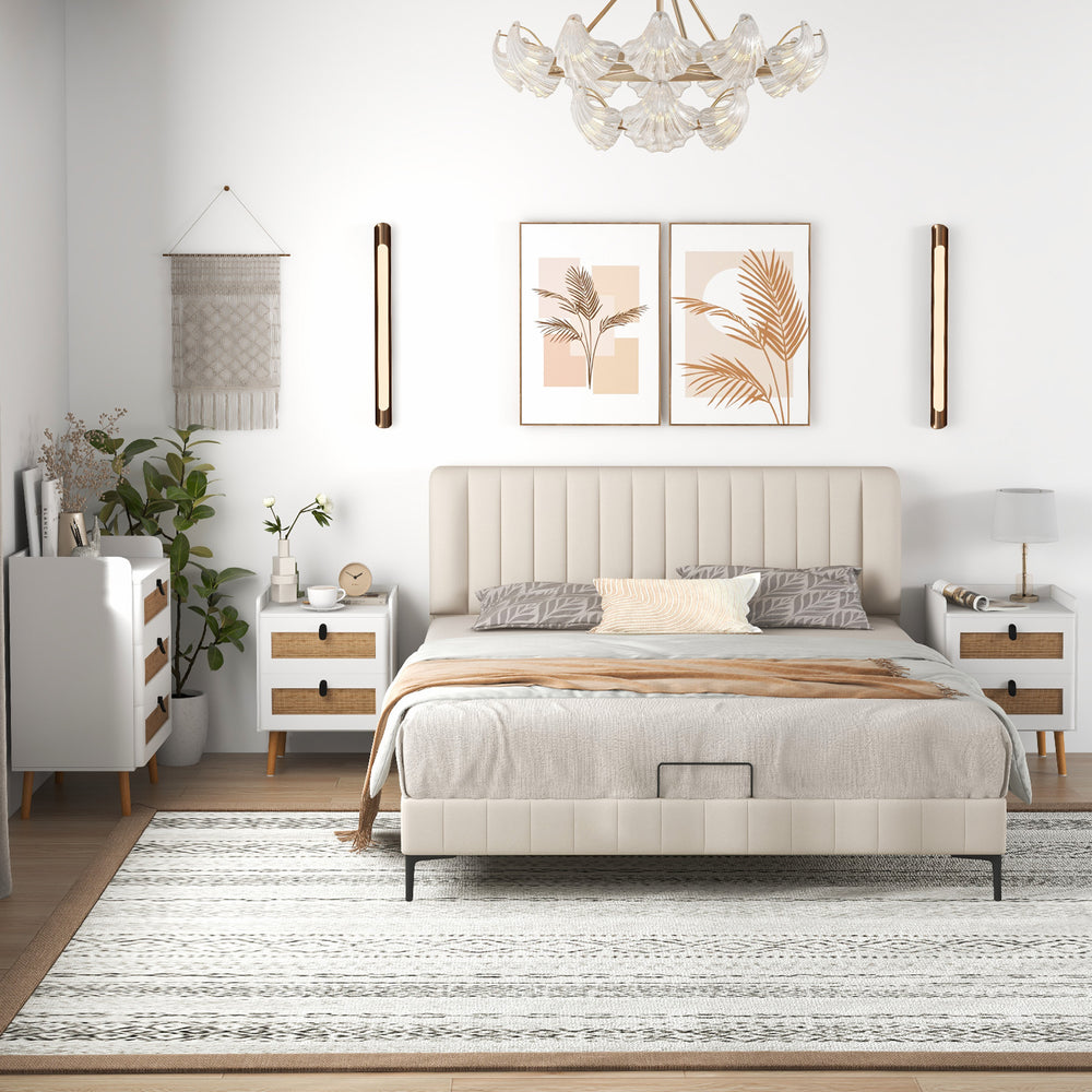 Modern bedside table with 2 rattan drawers, white finish, and ample storage, perfect for home decor and stability.