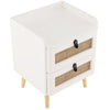 Modern white end table featuring two rattan-decorated drawers and a raised edge tabletop for added storage and style.