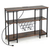 Industrial wine rack bar cabinet in brown with sturdy metal frame and ample storage for wine bottles and glassware.