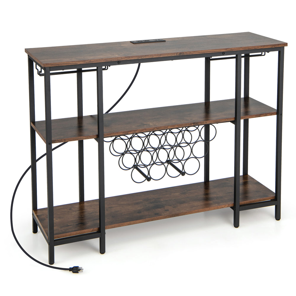 Industrial wine rack bar cabinet in brown with sturdy metal frame and ample storage for wine bottles and glassware.