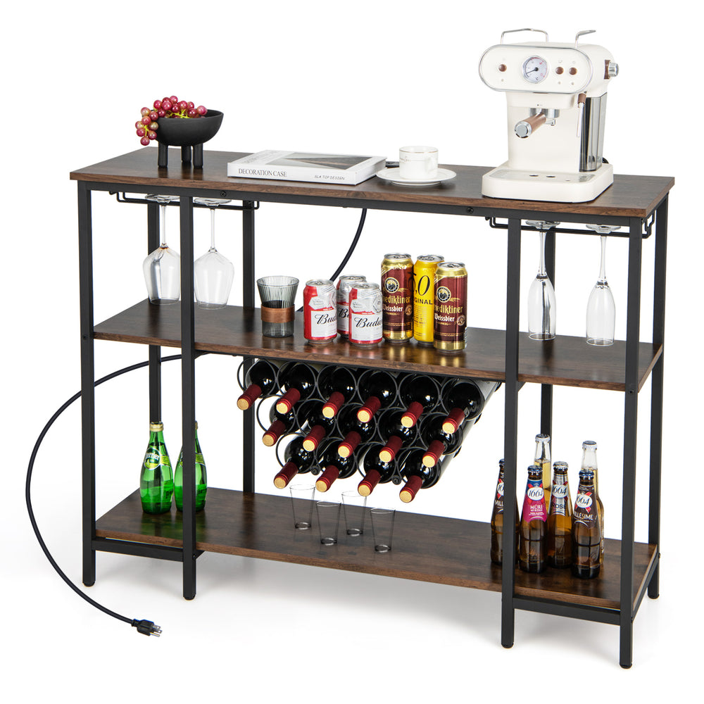 Industrial wine rack bar cabinet in brown with 3 shelves, 15 bottle capacity, and built-in charging station for.
