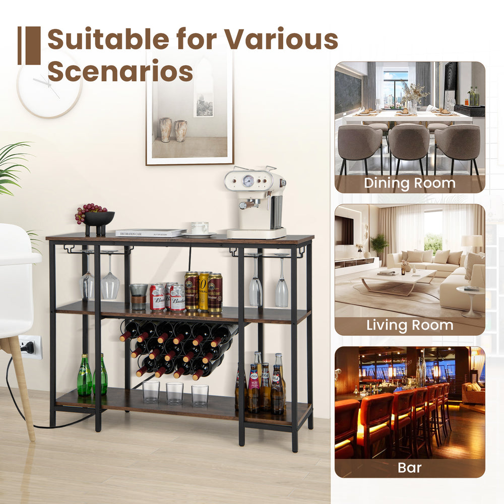 Industrial wine rack cabinet in brown with 3 shelves, 15 bottle capacity, and built-in charging station for versatile.