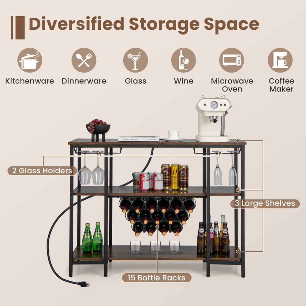 Industrial wine rack bar cabinet in brown featuring 3 large shelves, 2 glass holders, and 15 bottle racks for versatile.