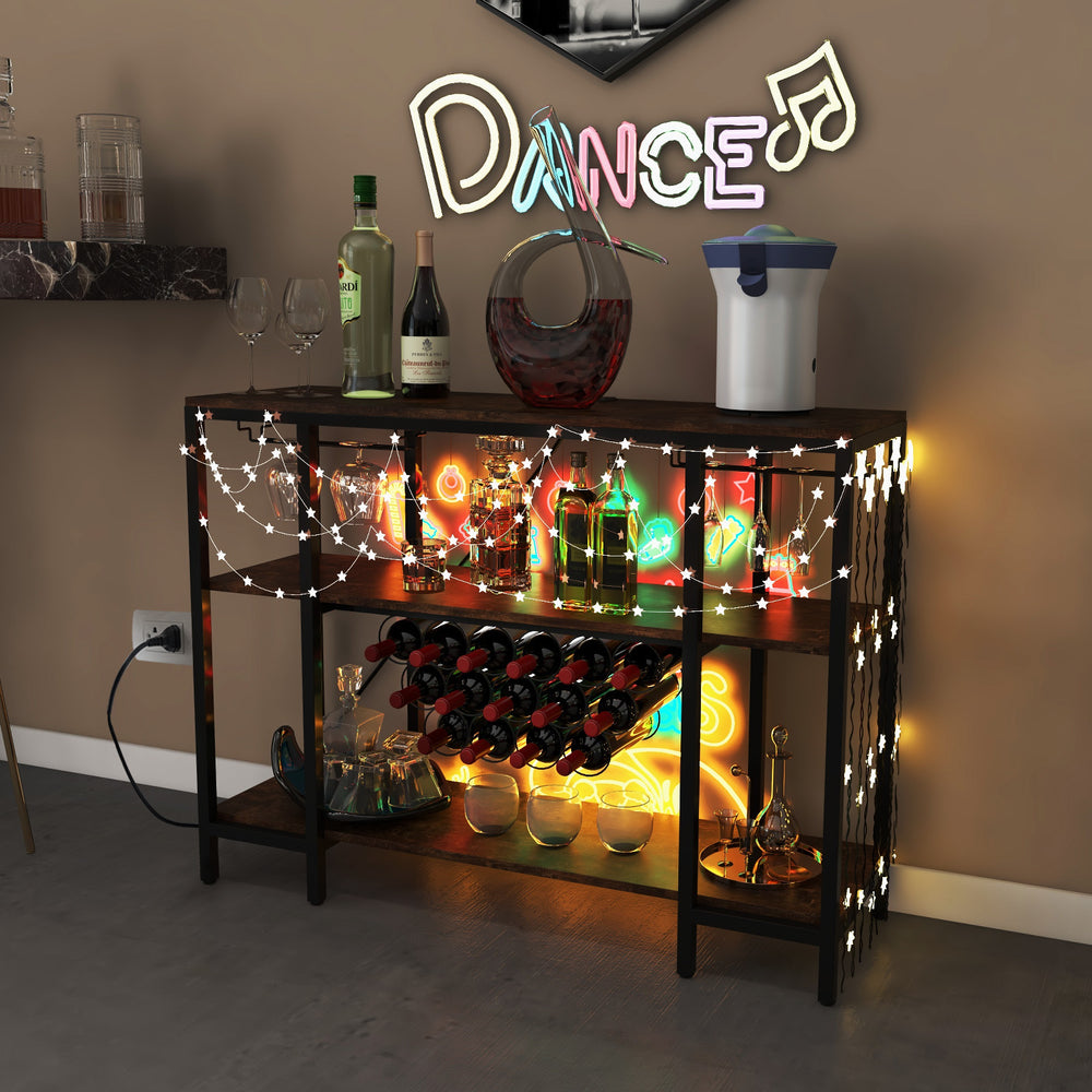 Industrial wine rack bar cabinet with decorative lights, 15 bottle capacity, and versatile design for stylish storage.