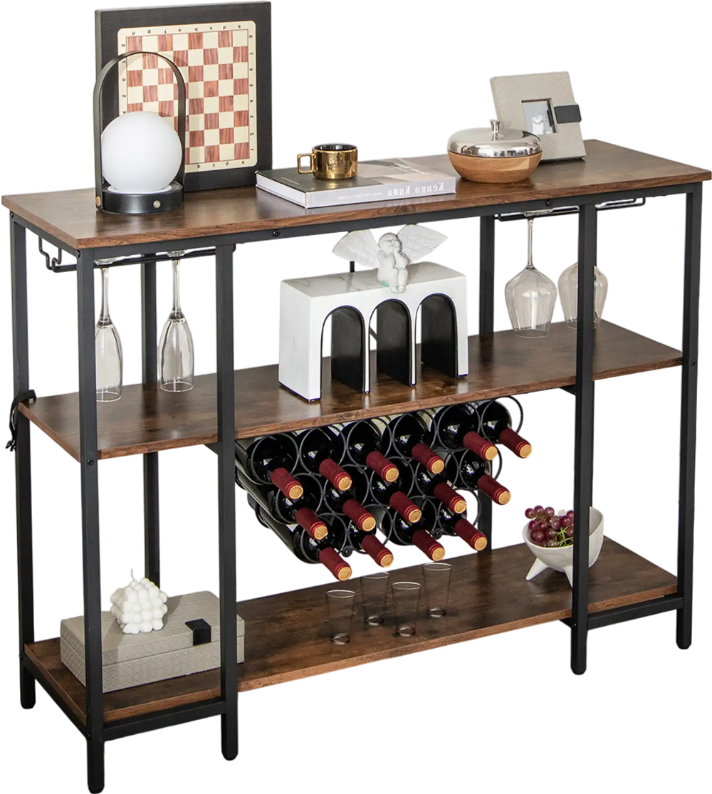 Industrial wine rack cabinet with a smooth surface and adjustable foot pads for stability, perfect for any decor.