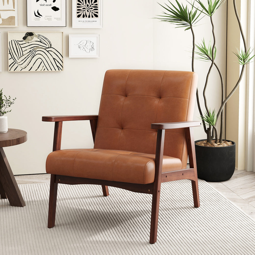 Mid Century Modern accent chair in brown leather with solid rubber wood frame, ideal for living room relaxation.
