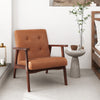 Mid Century Modern accent chair in brown leather with a solid rubber wood frame, perfect for living room relaxation.