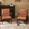 Mid Century Modern accent chairs with brown leather cover and solid rubber wood frame, ideal for living room relaxation.