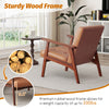 Mid Century Modern accent chair with brown leather cover and sturdy rubber wood frame, ideal for living room relaxation.