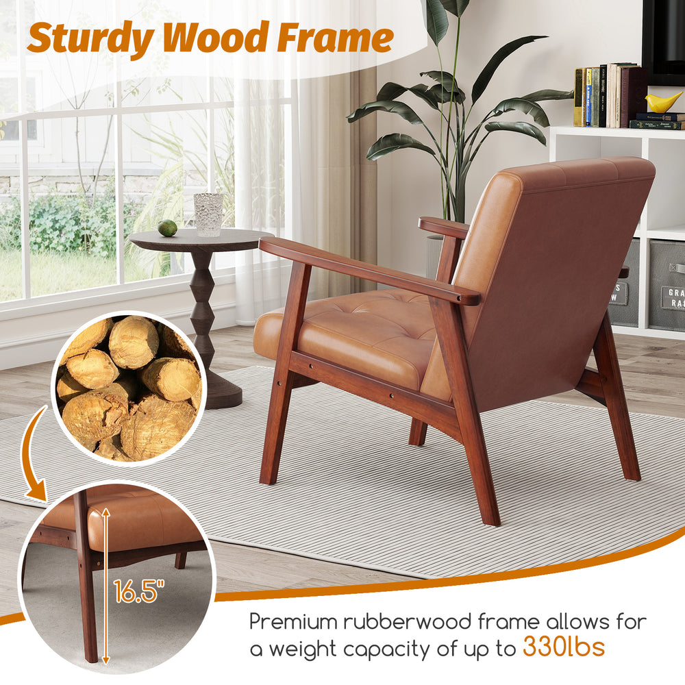 Mid Century Modern accent chair with brown leather cover and sturdy rubber wood frame, ideal for living room relaxation.