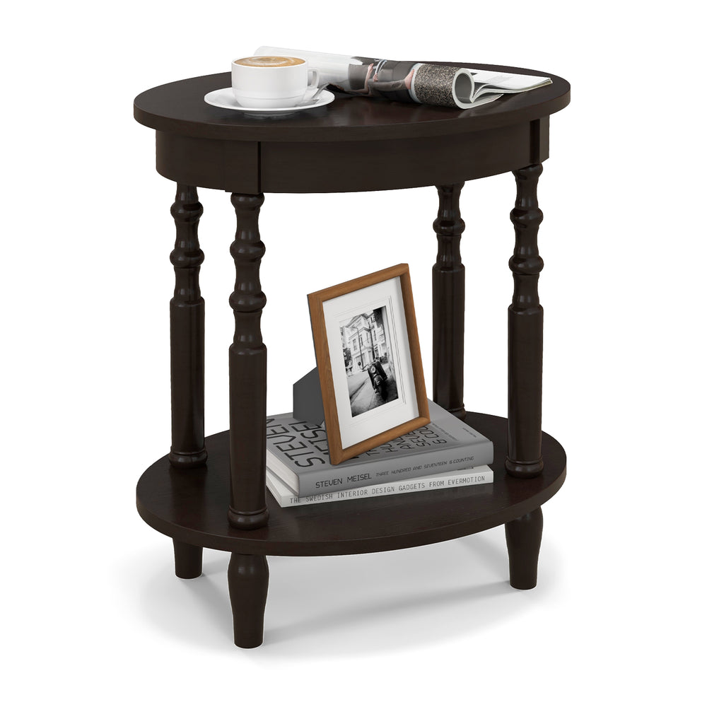 Oval side table in espresso with solid wood legs, featuring a 2-tier design for storage and display in any room.