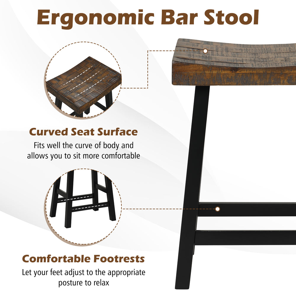 24-inch solid wood saddle-seat bar stool with curved surface and footrests for comfort in home or cafe settings.