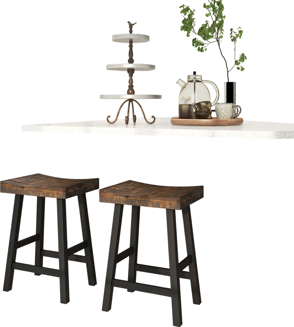Solid wood saddle-seat stools with curved surfaces and footrests, perfect for kitchen or dining areas.
