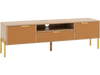 Mirrored TV stand with spacious tabletop, two storage cabinets, and a modern design for TVs up to 65 inches.