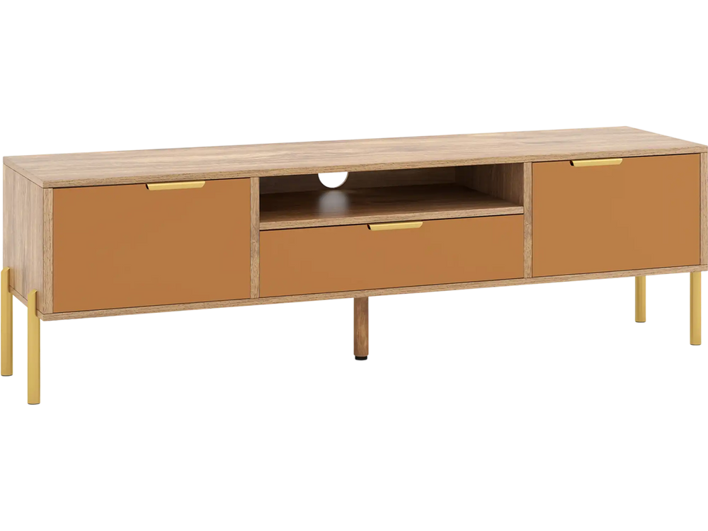 Mirrored TV stand with spacious tabletop, two storage cabinets, and a modern design for TVs up to 65 inches.