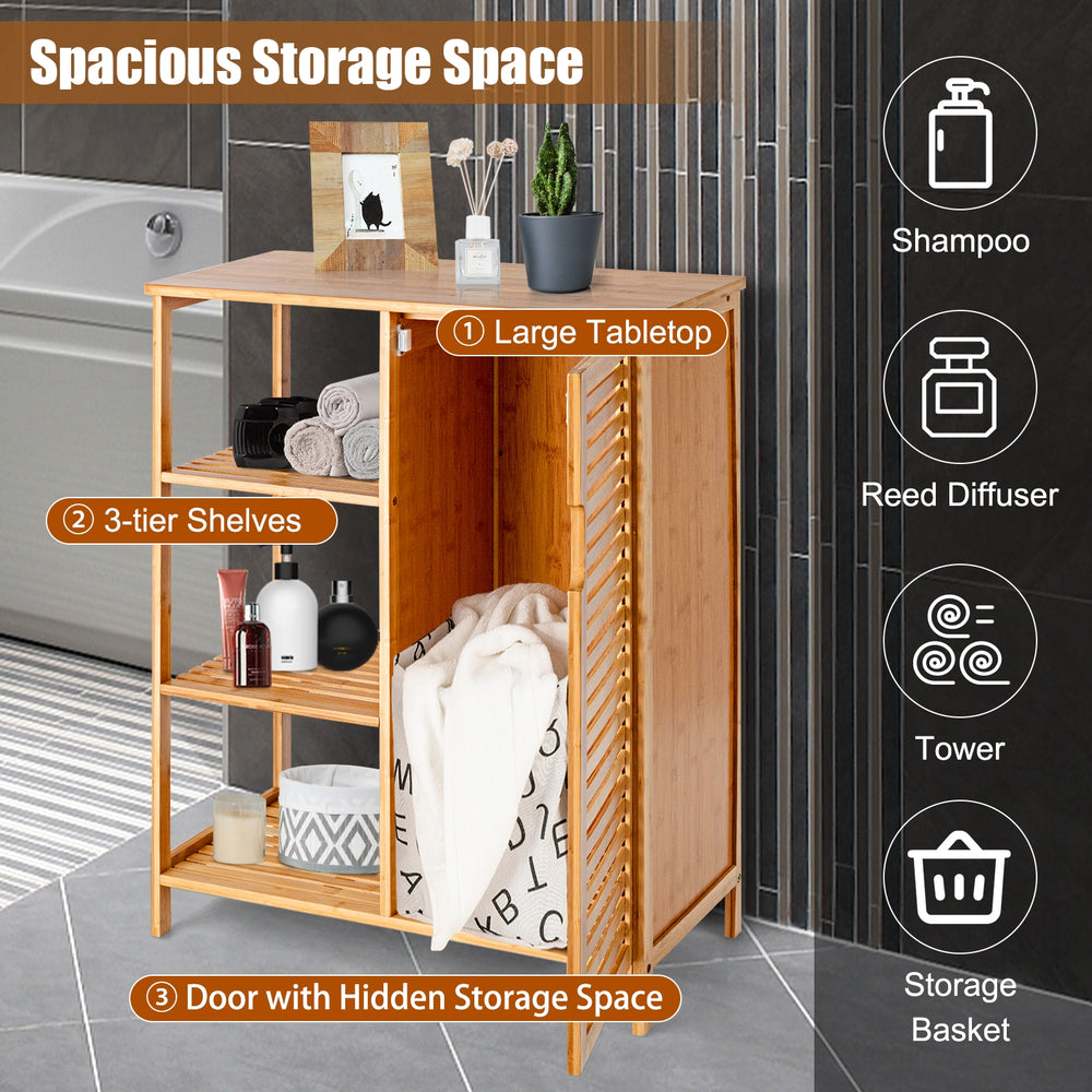 Bamboo bathroom storage cabinet with single louvered door and 3 shelves for organized storage in compact spaces.