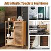 Bamboo bathroom storage cabinet with single louvered door and 3 shelves, ideal for compact spaces and versatile use.
