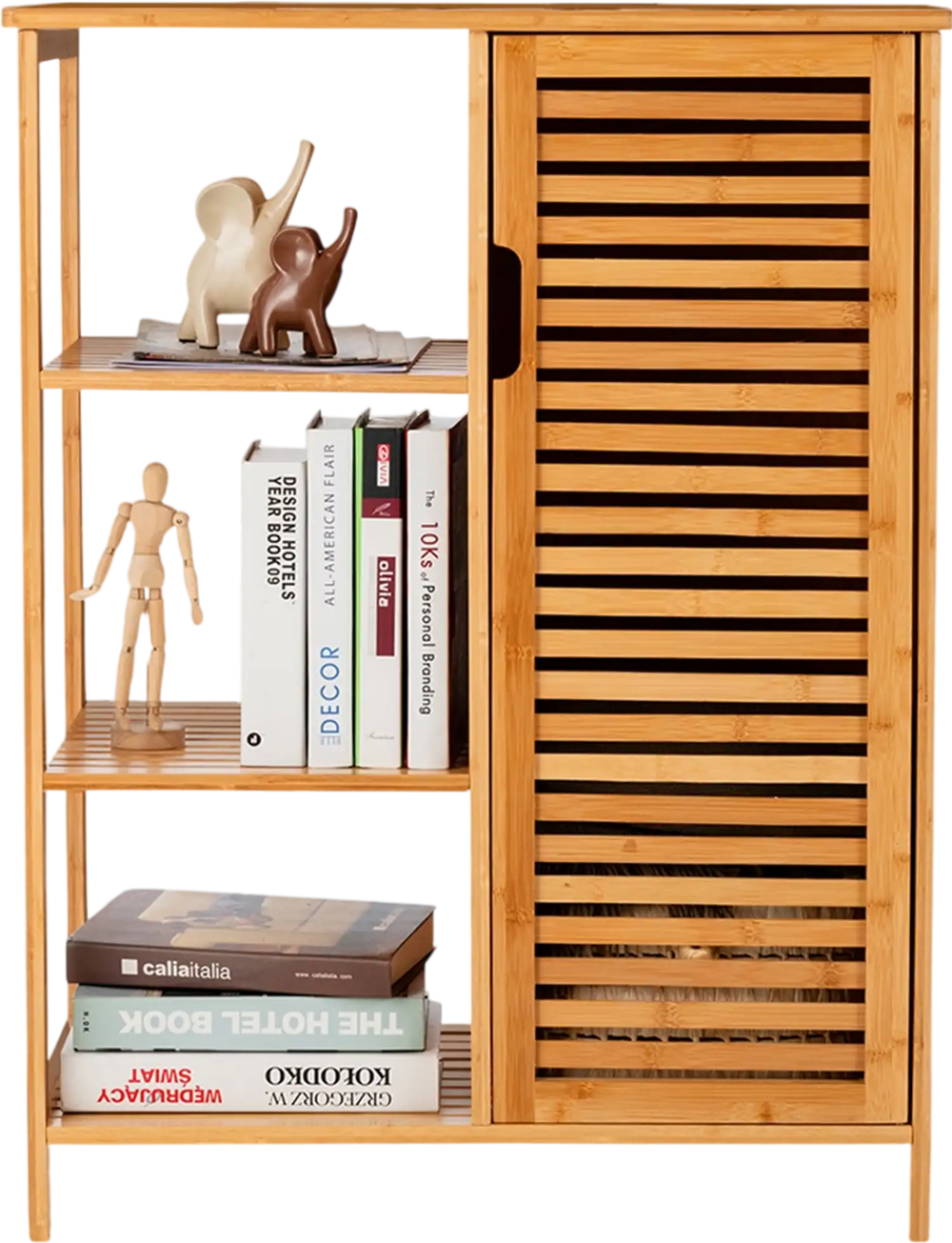 Bamboo bathroom storage cabinet with single louvered door and three shelves, ideal for compact spaces and organization.