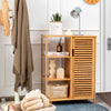 Bamboo bathroom storage cabinet with single louvered door and three shelves, ideal for compact spaces and easy.