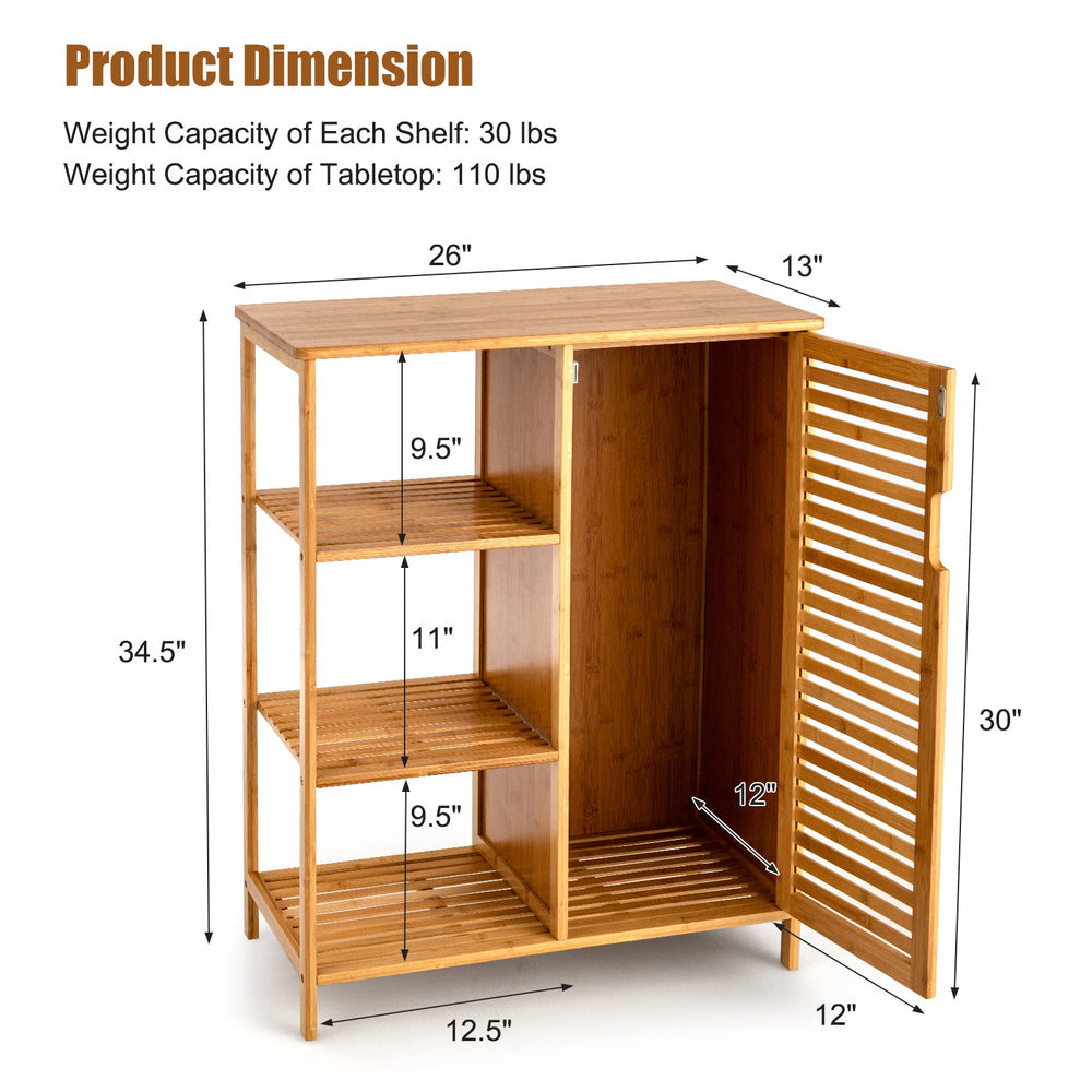 Bamboo bathroom storage cabinet with single door, three shelves, and compact design for versatile placement.