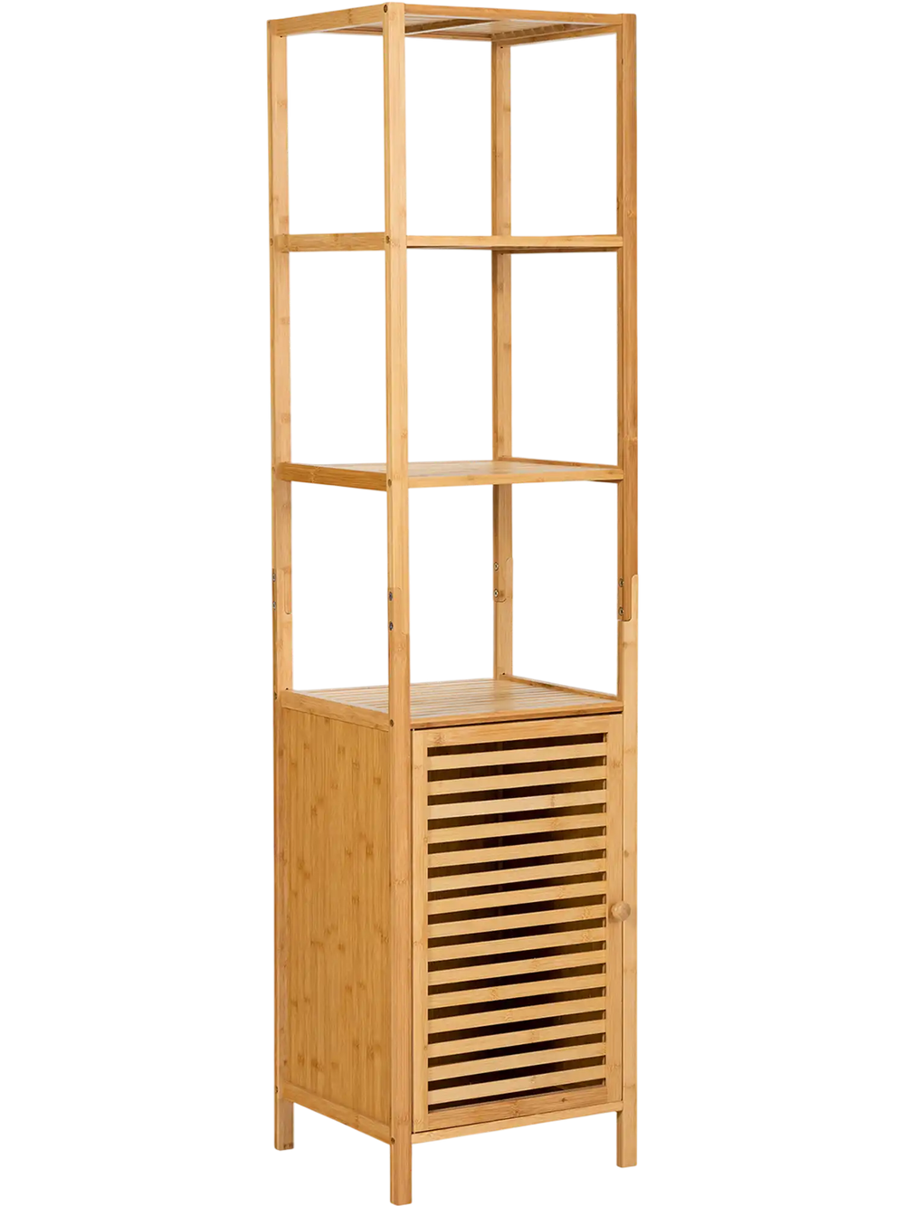 Slim bamboo floor storage cabinet with four shelves and shutter door, ideal for compact spaces in bathrooms or kitchens.