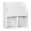 Kids wooden bookshelf in white with 3-tier shelves and 2 open compartments for toy and book organization.