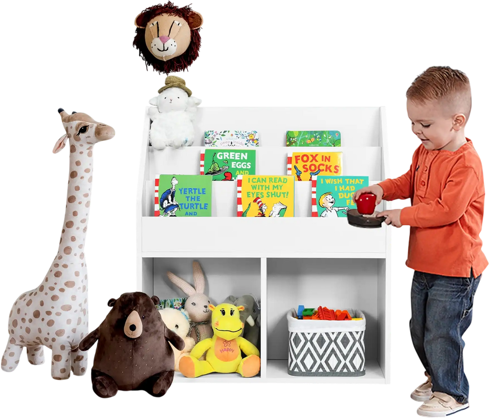 Kids wooden bookshelf organizer in white with 3-tier shelves and 2 open compartments for toys and books in a playroom.