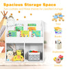 Kids wooden bookshelf with three upper shelves and two lower cubbies for organizing toys and books in white.
