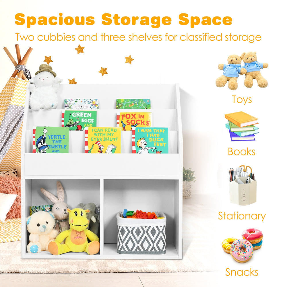Kids wooden bookshelf with three upper shelves and two lower cubbies for organizing toys and books in white.