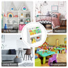 Kids wooden bookshelf in white with 3 tiers and 2 open shelves for organizing books and toys in a children's room.