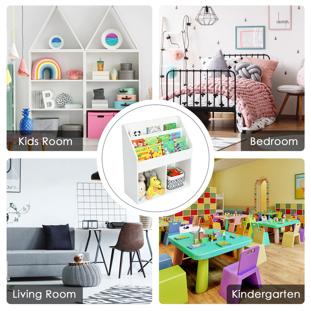 Kids wooden bookshelf in white with 3 tiers and 2 open shelves for organizing books and toys in a children's room.