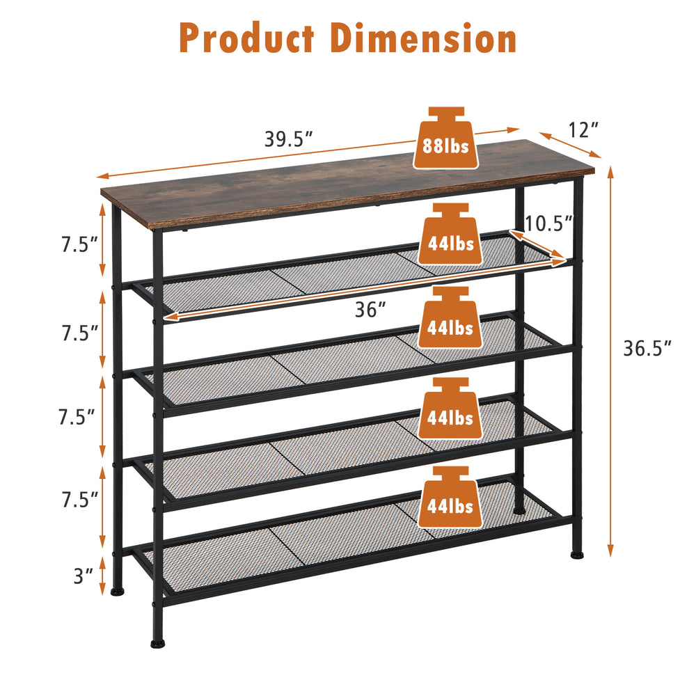 5-tier industrial metal shoe rack with wooden top, adjustable feet, holding up to 88 lbs, ideal for organizing shoes.