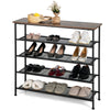 5-tier industrial metal shoe rack with wooden tabletop, adjustable feet, and ample storage for 16-20 pairs of shoes.