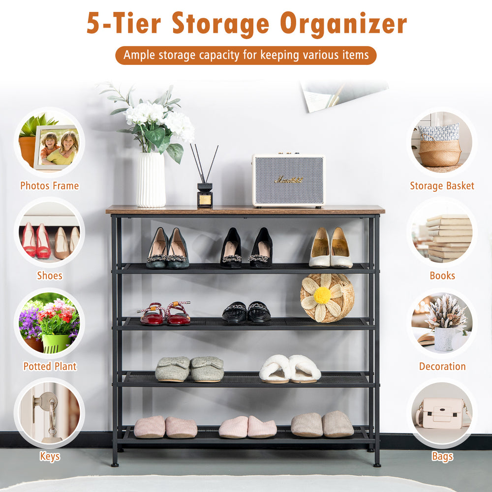 5-tier metal shoe rack with wooden tabletop, adjustable feet, and ample storage for shoes and items in any room.