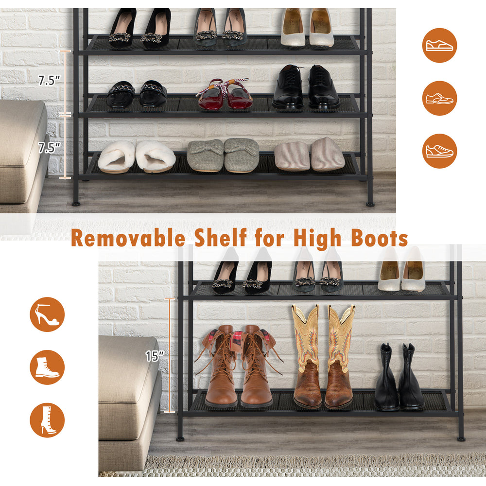 5-tier industrial metal shoe rack with removable shelf for high boots, ideal for organizing 16-20 pairs in any room.