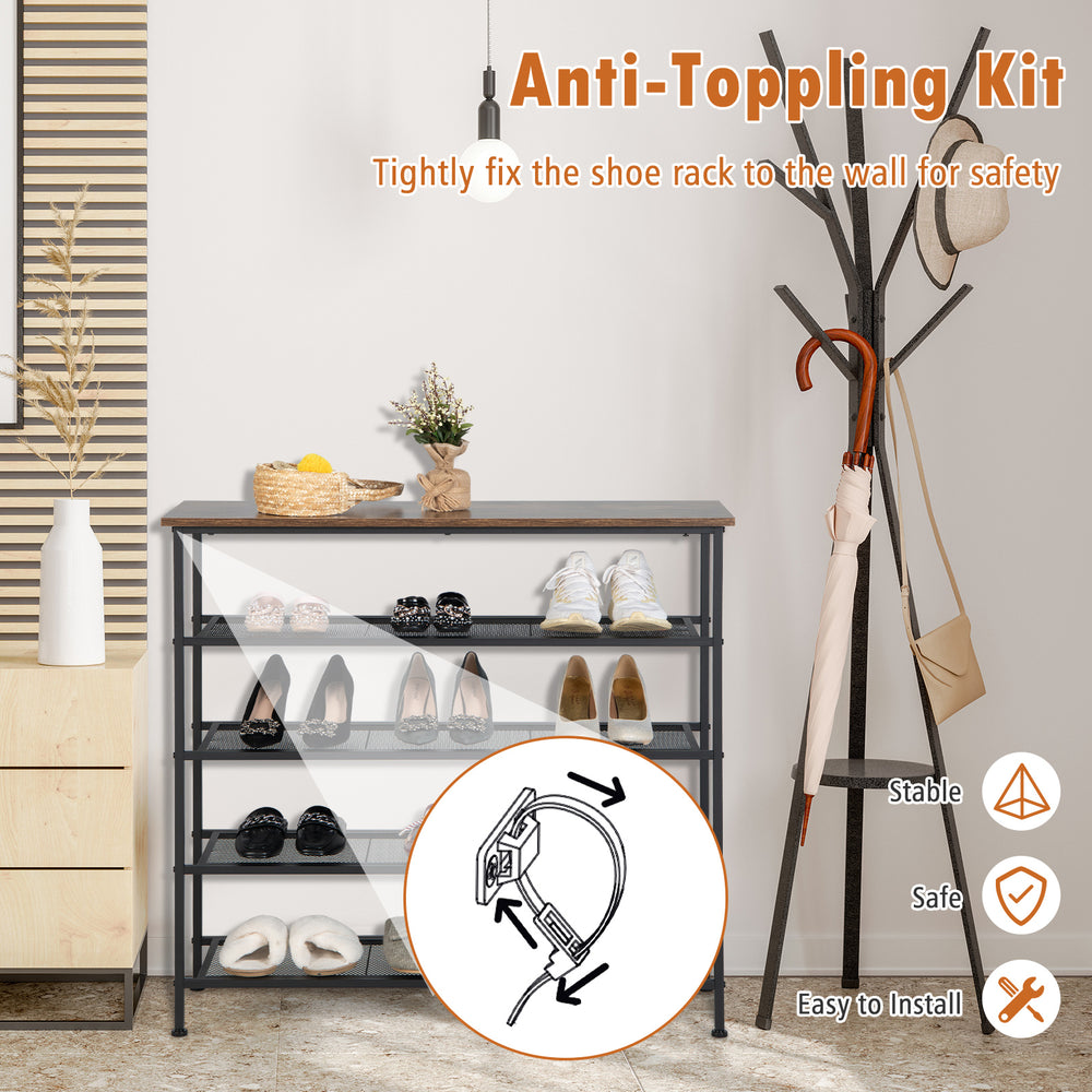 5-tier metal shoe rack with wooden tabletop, adjustable feet for stability, ideal for organizing shoes in any room.