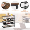 Industrial 5-tier metal shoe rack with adjustable feet, sturdy frame, and wooden tabletop for versatile storage.