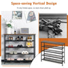 5-tier industrial metal shoe rack with wooden tabletop, adjustable feet, and ample storage for shoes and items.