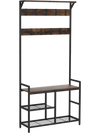 Freestanding hall tree with shoe bench in rustic brown, featuring 9 removable hooks and sturdy metal frame for hallway.
