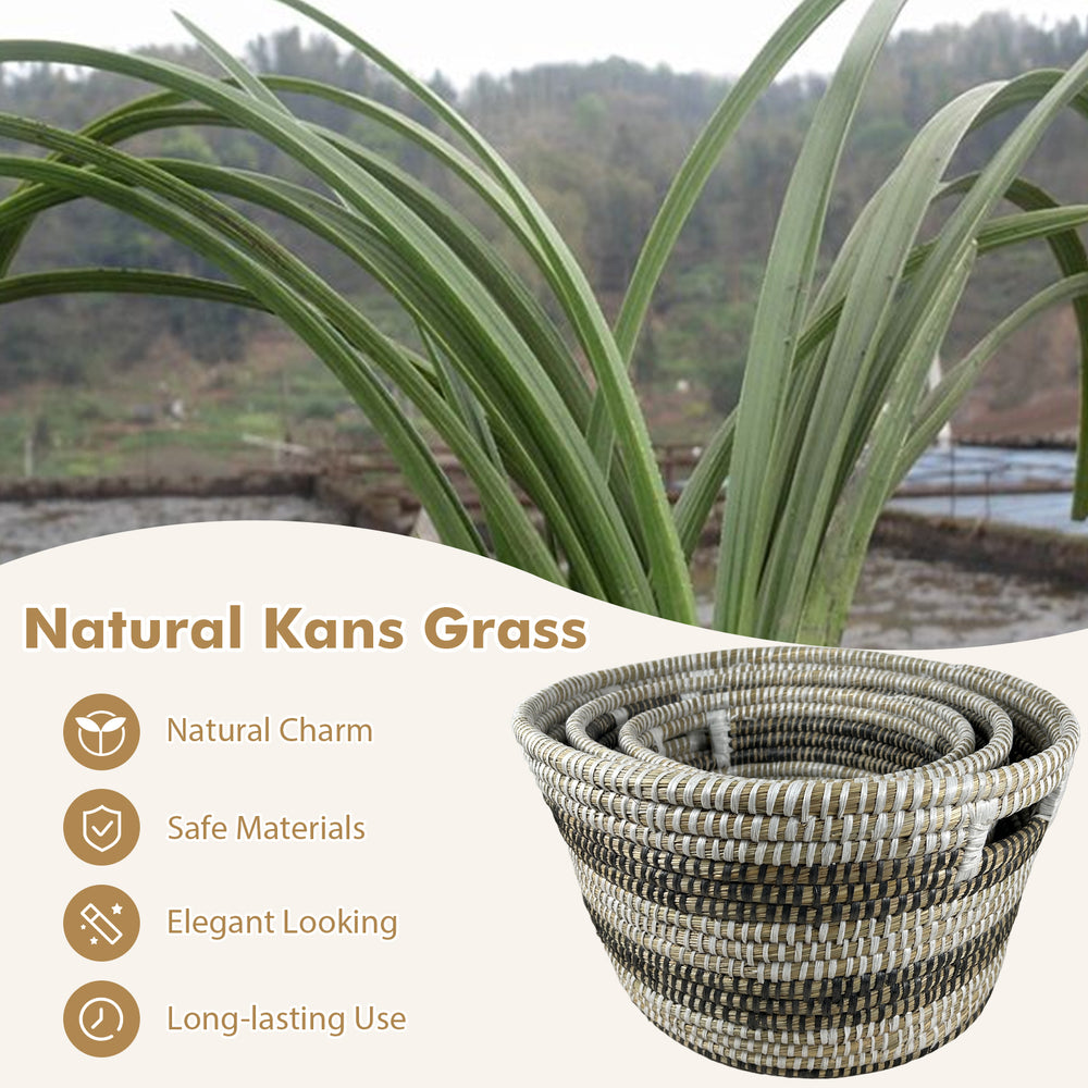 Stackable set of 3 natural canes grass baskets with hollowed handles for elegant storage and organization.