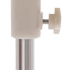 Close-up of the adjustable height mechanism on a female mannequin torso with a sturdy metal stand, in bright white.