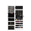 Wall-mounted lockable jewelry cabinet with LED light, featuring a full-length mirror and ample storage for accessories.