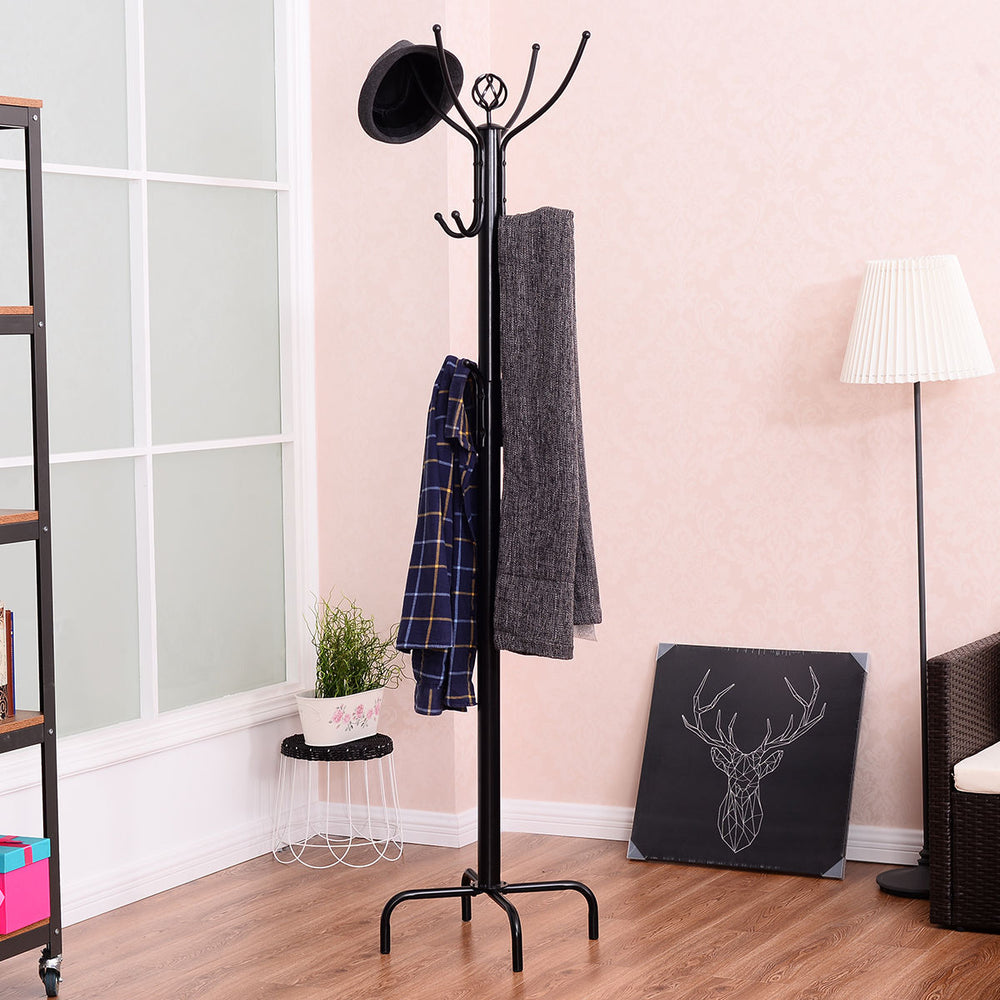 Metal coat rack with 12 hooks, featuring a sturdy base and elegant design, perfect for organizing coats and hats.