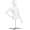 Female mannequin torso with adjustable height and metal stand, featuring a bright white finish for showcasing clothing.