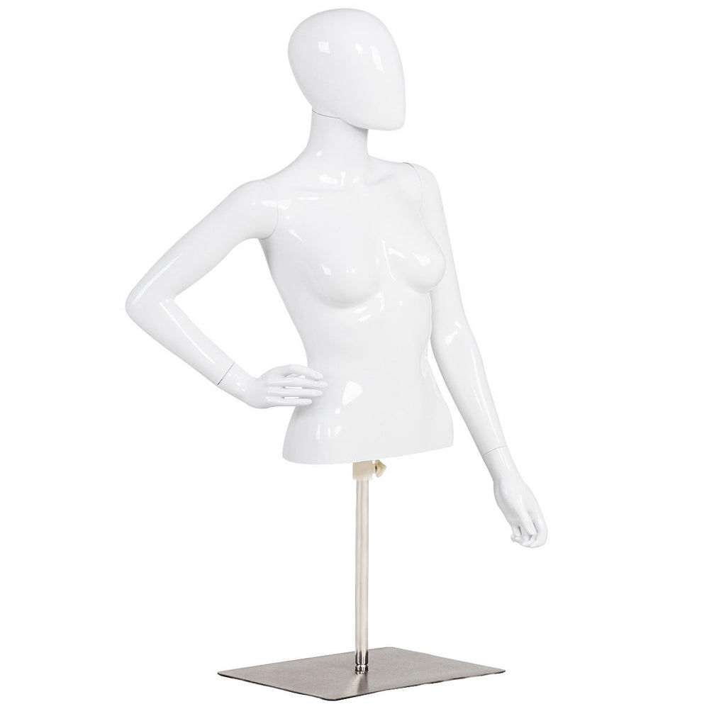 Female mannequin torso with adjustable height and metal stand, featuring a bright white finish for showcasing clothing.