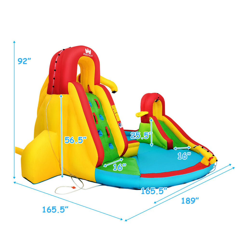 Brightly colored inflatable water slide bounce park with two slides, climbing walls, and splash pool for outdoor fun.
